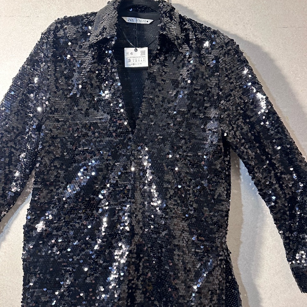 Zara Women's Sparkling Black Sequin Blazer - Picture 1 of 7